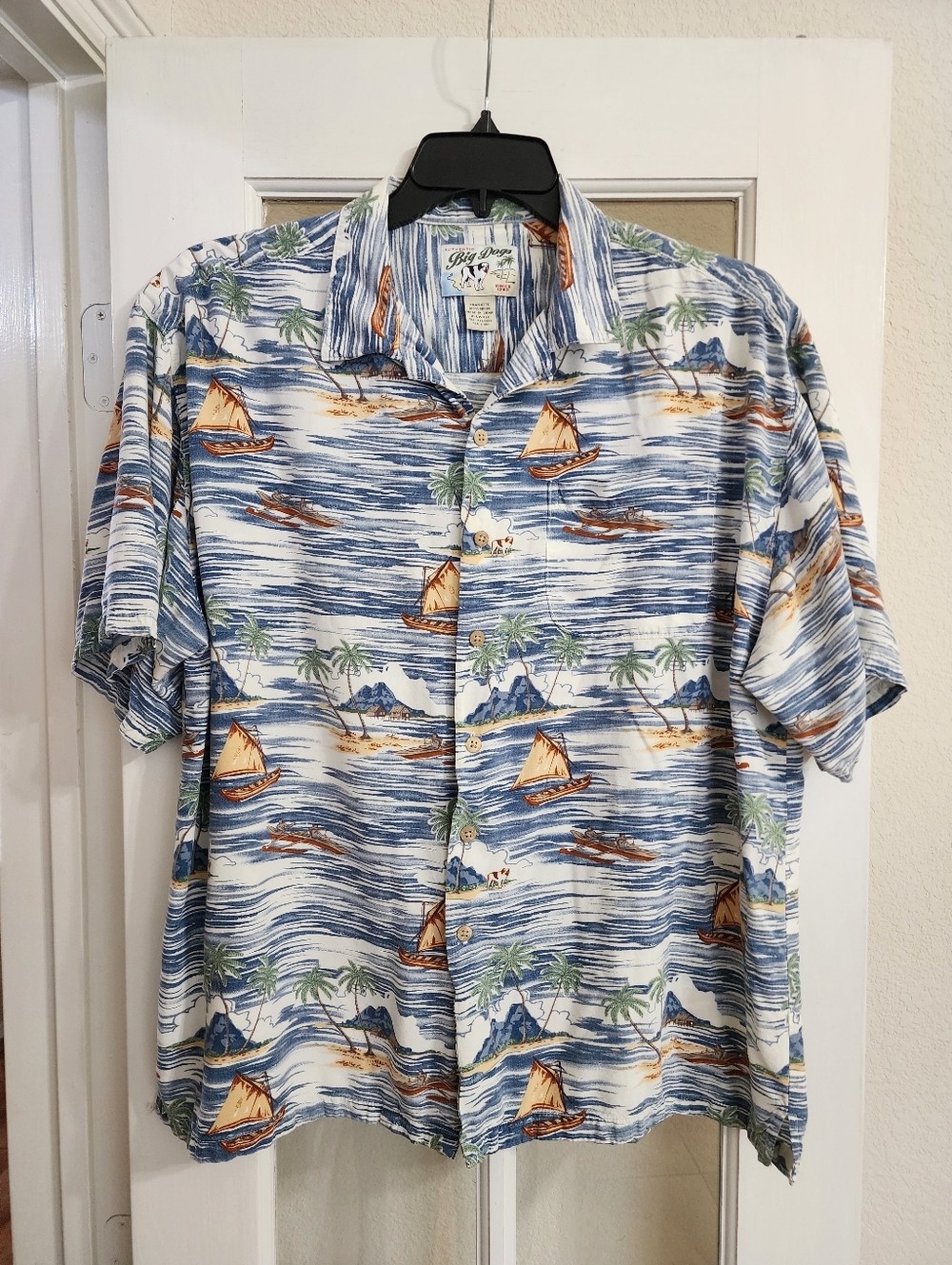 Big Dogs Hawaiian Shirt Y2K XL Rayon Aloha Beach Boat Palm Print